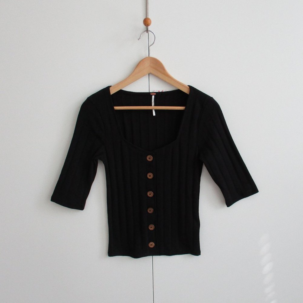 Free People Black Ribbed Button-Down Top
